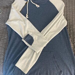 Heathered blue and grey double hood sweatshirt.